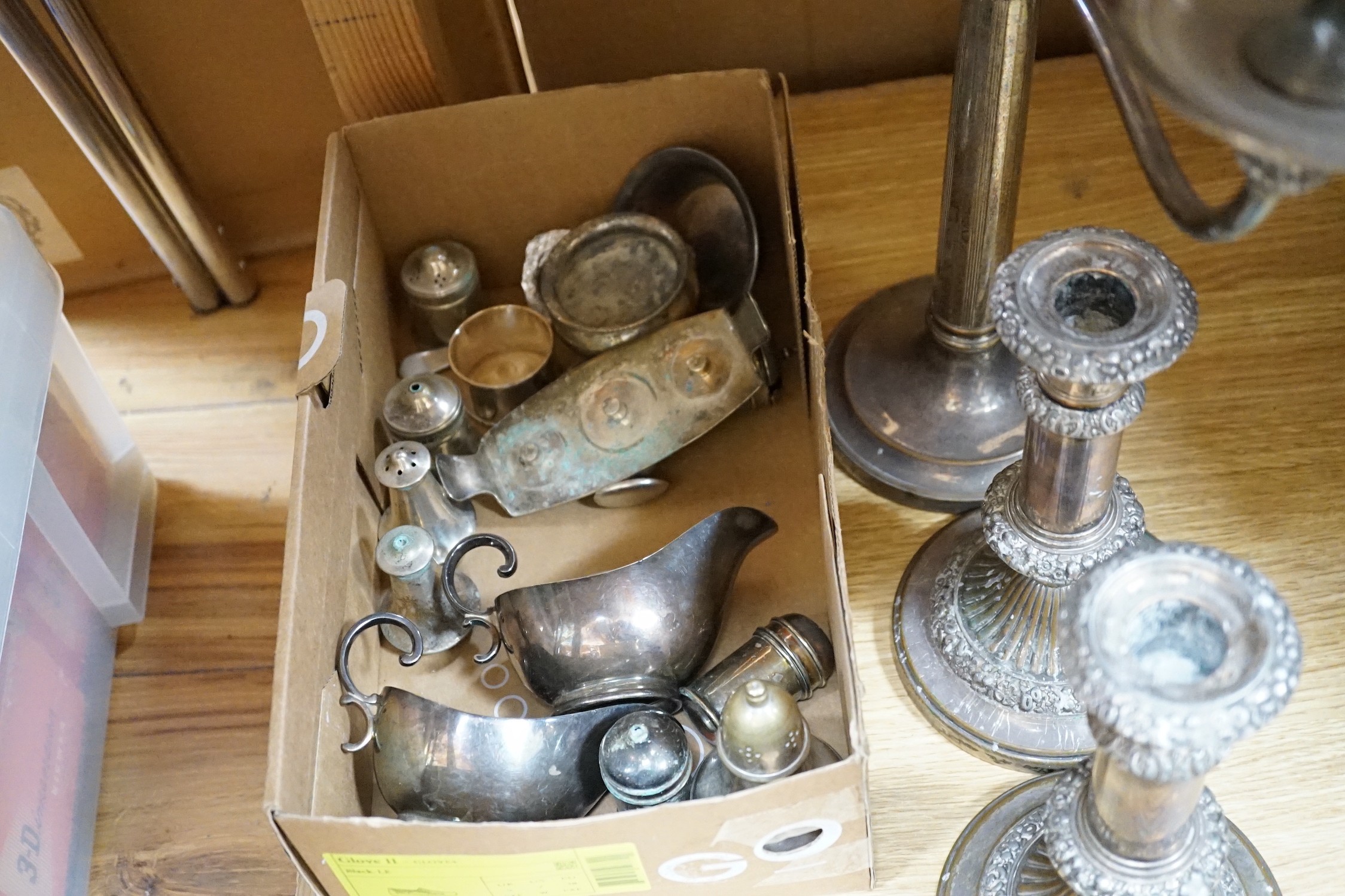 A three light two branch candelabra and mixed plate